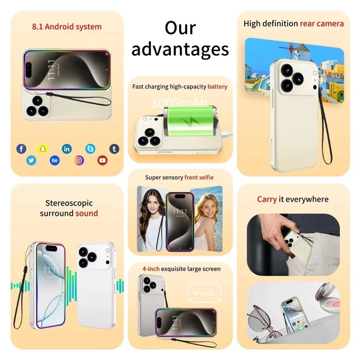 Ipocket mini phone features: Android, fast-charging battery, HD camera, selfie camera, surround sound